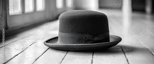 Bowler hat on wooden floor near window