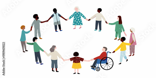 Diverse group of people holding hands in a circle showing unity