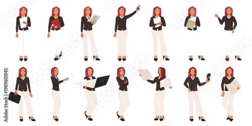 Collection of vector illustrations depicting a businesswoman in various poses