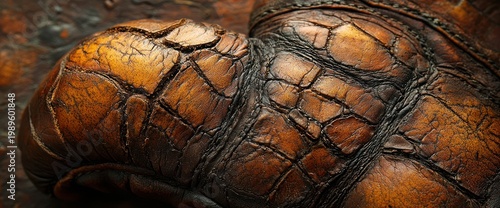 Close-up of aged leather boxing glove, cracked texture, dark background, vintage sport