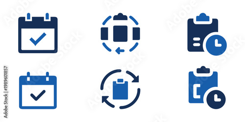 A collection of blue and dark blue business icons showing calendars, clipboards, and time symbols.