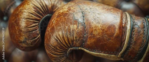 Vintage boxing gloves on tufted sofa; close-up