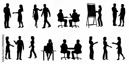 Diverse group of silhouettes engaged in various business interactions and meetings
