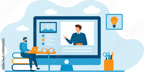 Man attending a virtual meeting or presentation on a computer