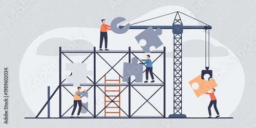 Teamwork builds success people constructing a puzzle with a crane