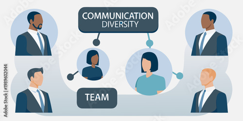 Diverse team collaborating with communication links and shared concepts