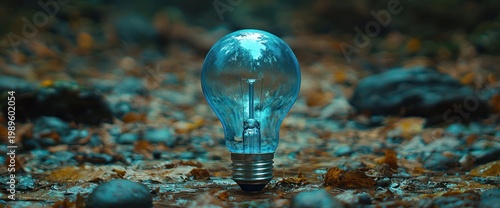 Blue lightbulb on pebbles, nature background, idea concept