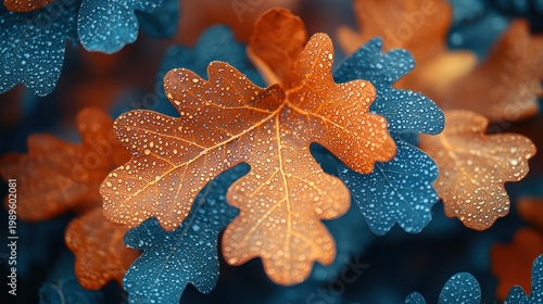 Autumn oak leaves with dew drops, close-up. Nature background for fall designs