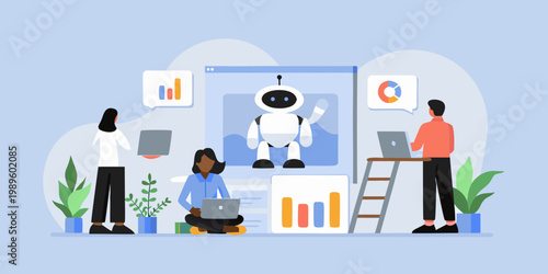 Team collaborating with a robot and data analysis visualizations