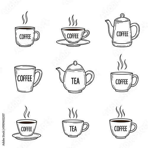 Collection of Hand Drawn Coffee and Tea Cups and Pots.