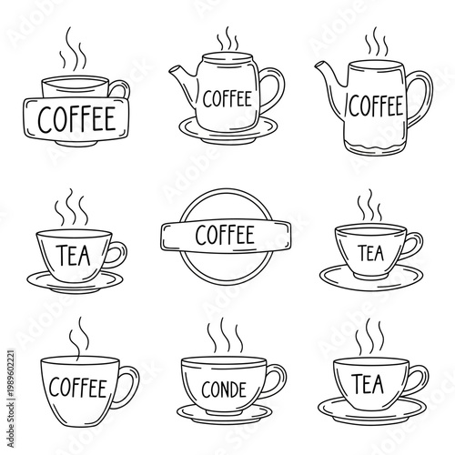 Collection of Hand Drawn Coffee and Tea Cups and Pots.