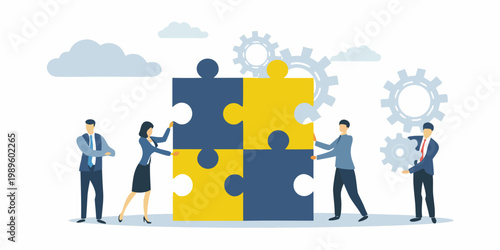 Business professionals collaborating to fit puzzle pieces into a larger solution