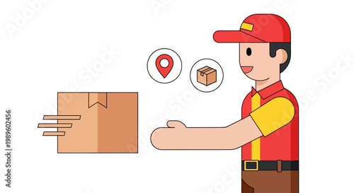 Delivery person handing a package to a customer with location marker