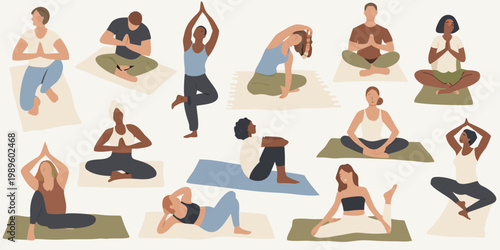 Diverse group of people practicing various yoga poses on mats