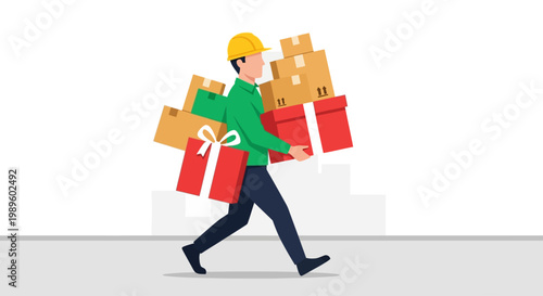 Delivery worker struggles with a large stack of gift wrapped boxes