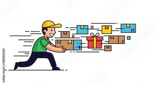 Delivery person rushing forward with multiple packages and a gift box