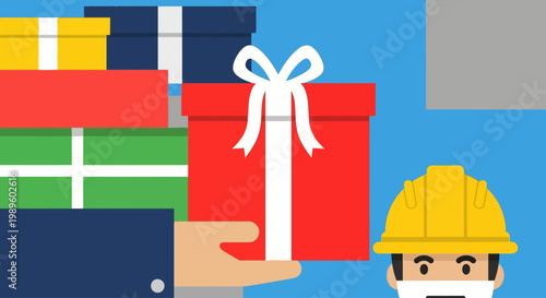 A person with a yellow helmet presents several colorful gift boxes