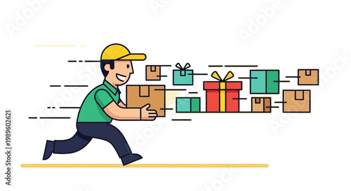 A delivery person swiftly runs with multiple packages and gift boxes