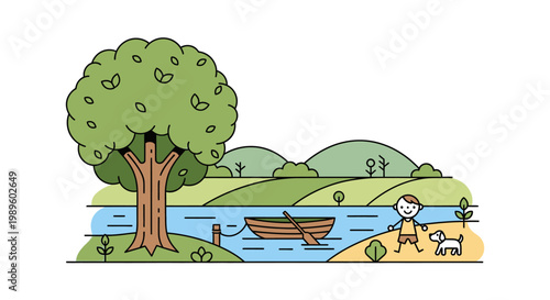 A colorful illustration depicts a boy dog and boat in a peaceful landscape