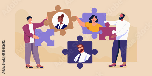 Diverse team collaborating connecting puzzle pieces representing unity and inclusion