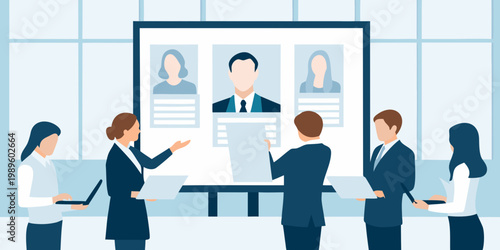 Team discussing candidate profiles displayed on a large presentation screen