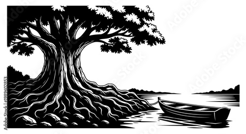A striking black and white illustration of a tree and small boat