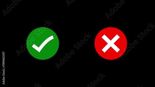 Video footage of yes or no, true or false with alpha channel. check mark and cross mark signs icon animation, pop-up green check mark and red cross X symbol. Green check mark and red cross mark icon