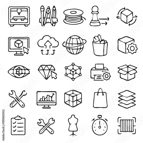 20 3D Printing and Modeling Thin Line Icons Set Rapid Prototyping Digital Fabrication Object Design Engineering Vector
