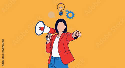 Woman announcing content with a megaphone lightbulb and gears above