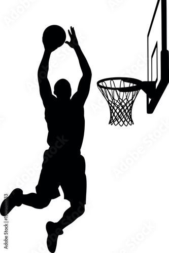 Black silhouette of a basketball player dunking near a hoop