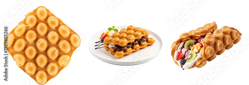 A delicious bubble waffle with various toppings on transparent background