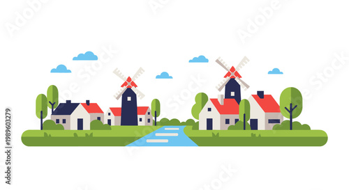 Charming countryside scene featuring traditional windmills and quaint houses