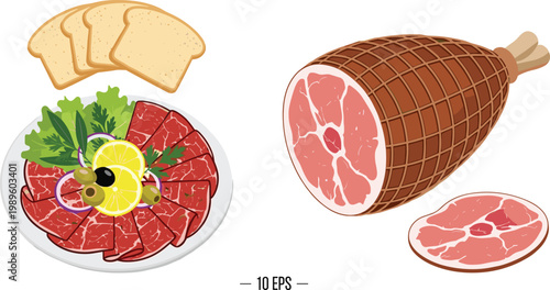 Sliced Ham and Meat Platter with Bread, Lemon, and Garnish Representing Deli Food, Protein-Rich Cuisine, and Fresh Ingredients in Vector Illustration