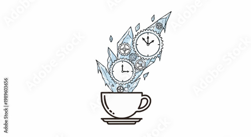 Creative concept of a steaming coffee cup with clockwork and ice elements, symbolizing time and creativity