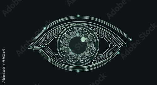 Abstract digital eye illustration representing technological surveillance and artificial intelligence in a dark futuristic setting