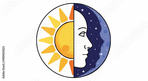 The duality of day and night represented by a sun and moon profile