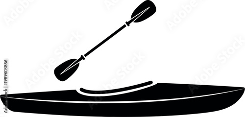 Black silhouette of a kayak and paddle on a white background canoe boat watercraft