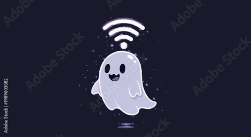 A cute, friendly ghost character with a happy expression, emitting a Wi-Fi signal, symbolizing connectivity and digital presence in a minimalist, dark background with subtle sparkling effects