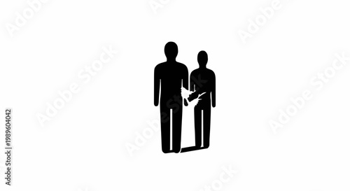 Minimalist black and white icon illustrating an adult figure gently holding the hand of a child figure, symbolizing familial bonds, guidance, and the concept of support within a relationship