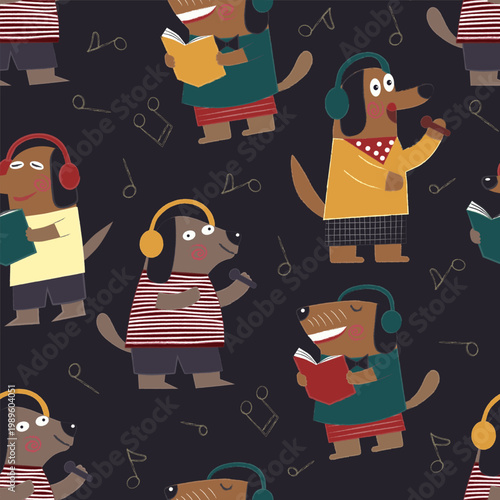 Playful seamless pattern with cute cartoon dogs singing, reading, and listening to music. Whimsical flat style with musical notes, cozy outfits, and soft textures perfect for kids products, textiles