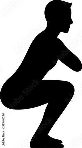 Black silhouette of a person performing a squat exercise on a white background fitness