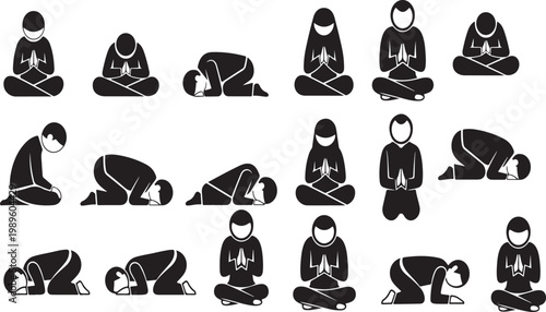 Collection of various muslim prayer positions in simple black silhouette style isolated on white background