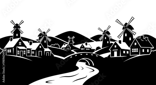 A charming black and white illustration of a village with windmills