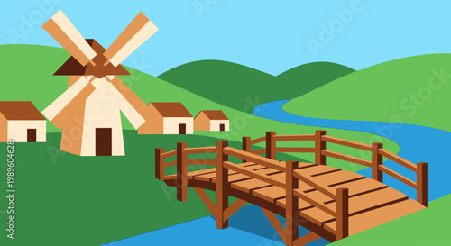 A colorful illustration depicts a windmill houses bridge and rolling hills