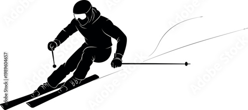 Black silhouette of a skier in motion on white background with abstract lines skiing black and white