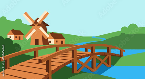 Obraz na plátně A colorful illustration depicts a windmill bridge and quaint countryside scene
