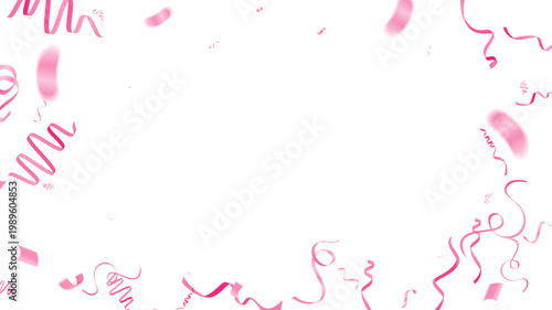 pink celebration streamers and confetti scattering against a clean white background. The composition features a graceful frame of swirling curly ribbons and paper scraps