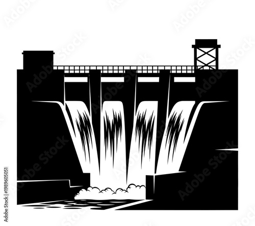 Silhouette of a Hydroelectric Dam with Water Flowing Downstream.