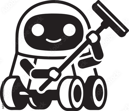 Robot character holding a cleaning tool with cleaning character illustration technology futuristic monochrome