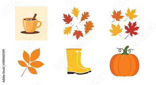 Autumn harvest season symbols featuring warm drink, falling leaves, boots, and pumpkins for lifestyle marketing design